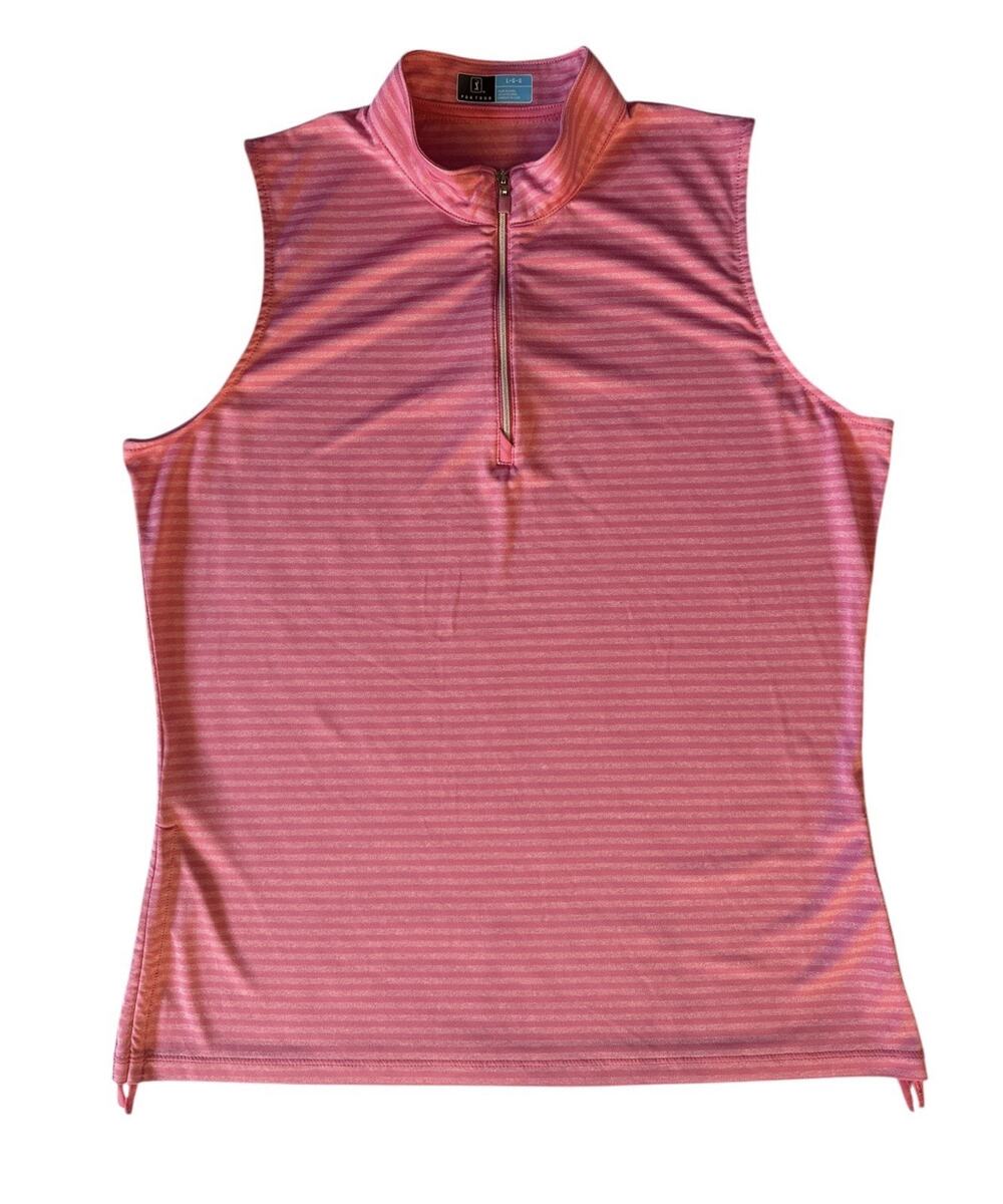 PGA Tour Sleeveless Golf Shirt Women’s Large Pink Stripe Zip Neck Pullover